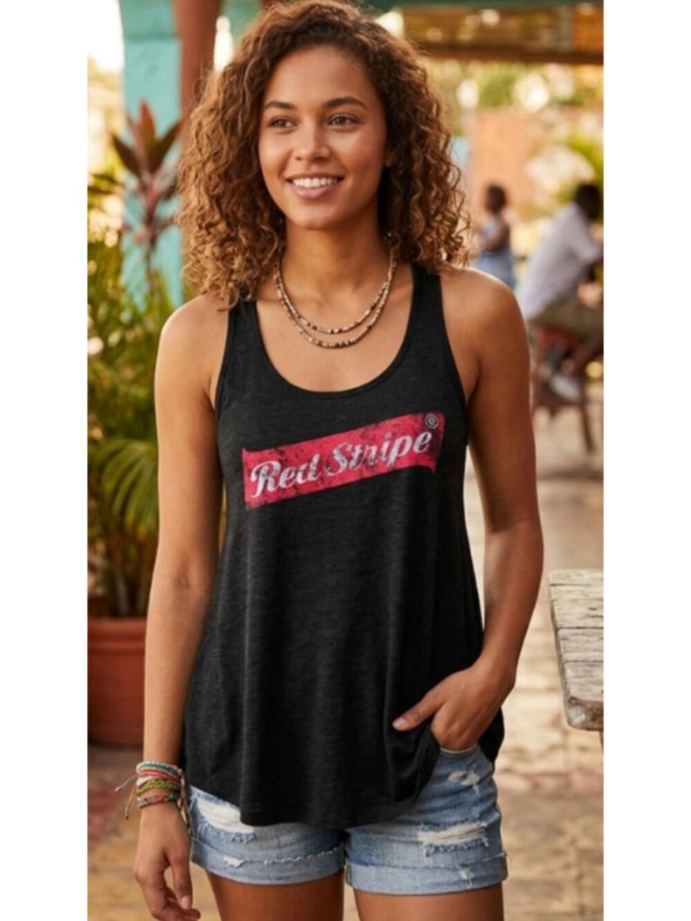 Red Stripe Womens Jamaican Beer Tank Top Shirt Flared Comfort Fit New Large